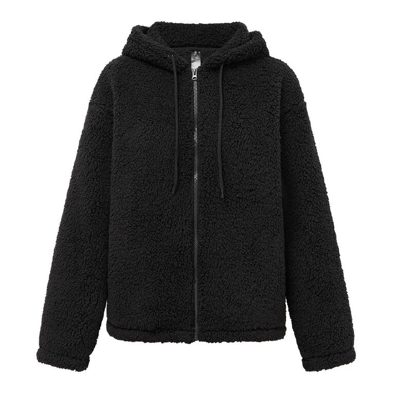 H&H Women's Zip Thru Recycled Sherpa Hood, Black, hi-res