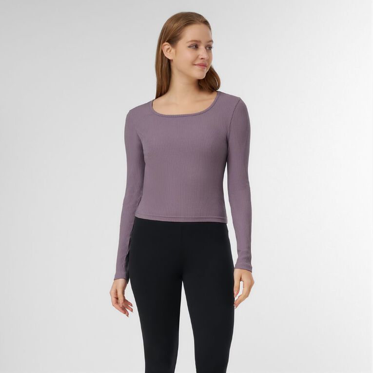H&H Women's Long Sleeve Square Neck Rib Top, Grey Mid, hi-res
