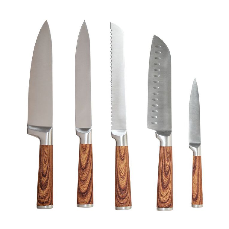 Living & Co Knife Set Wood Look Stainless Steel 5 Piece, , hi-res