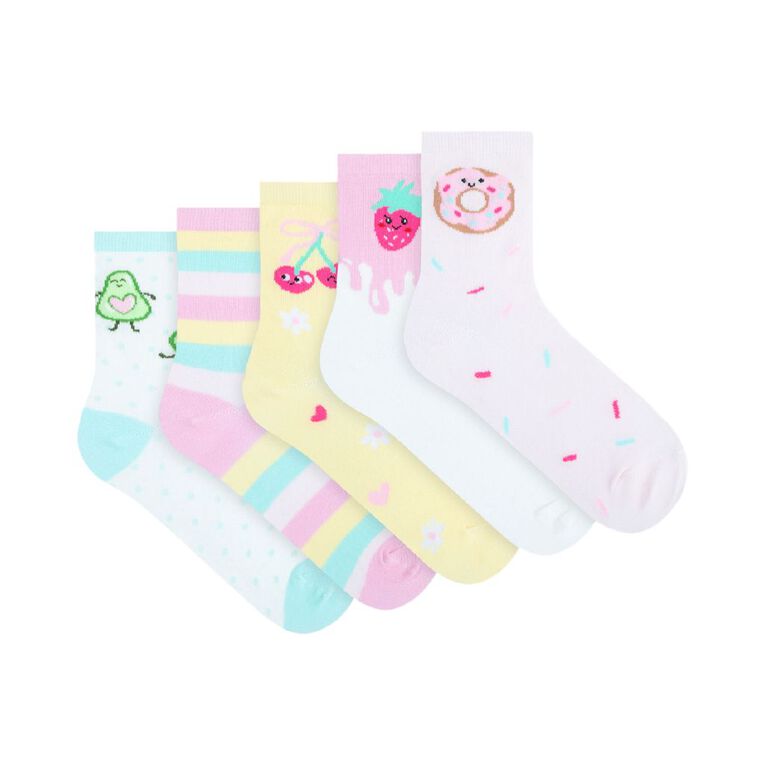 Underworks Girls' Fashion Pattern Crew Socks 5 Pack, Purple Light, hi-res