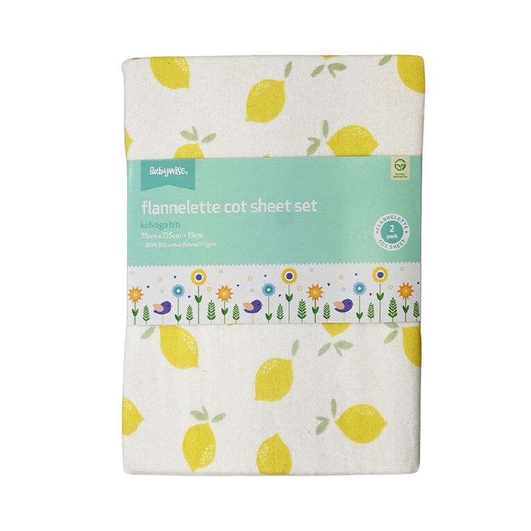 Babywise Flannelette Cot Sheet Lemon 2 Pack, , hi-res