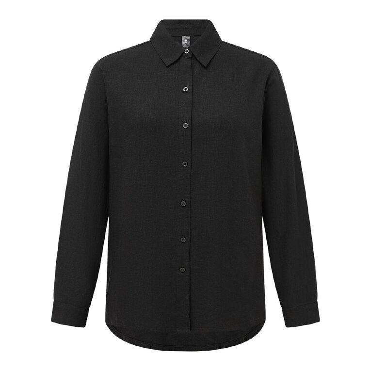H&H Women's Long Sleeve Essential Linen Blend Shirt, Black, hi-res
