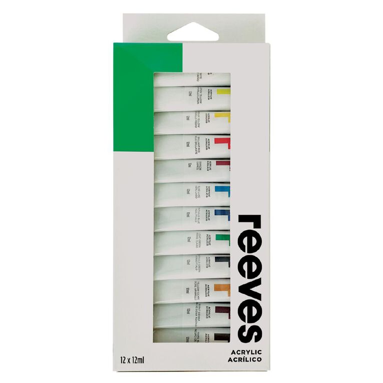 Reeves Acrylic Paint Set 12ml 12 Pack Multi Colour Multi-Coloured, , hi-res