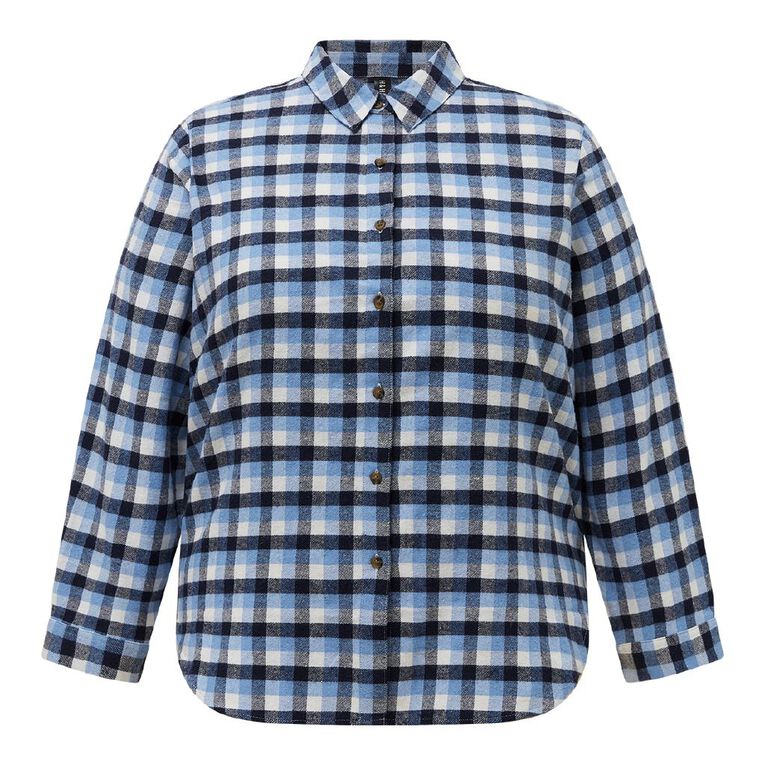 H&H Curve Women's Long Sleeve Flannel Shirt, Blue Mid, hi-res