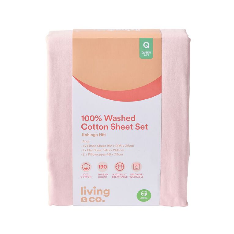 Living & Co 100% Washed Cotton Sheet Set Pink Queen, , hi-res