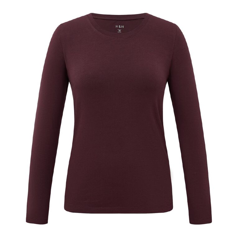 H&H Women's Stretch Long Sleeve Scoop Neck Tee, Red Dark, hi-res