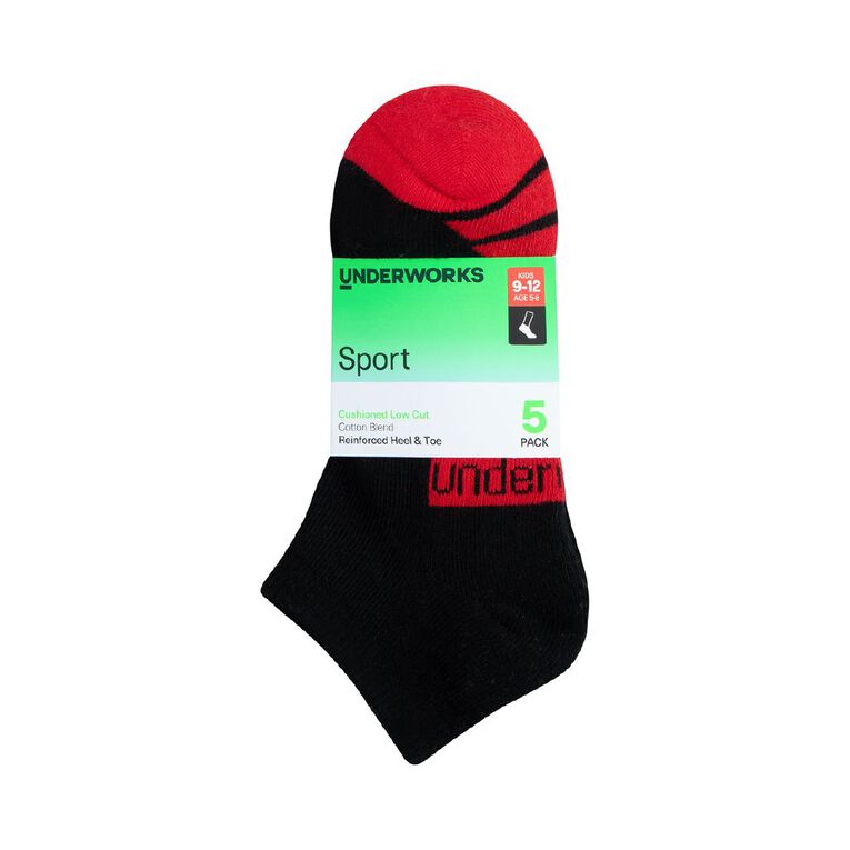 Underworks Boys' Cushioned Sport Low Cut Socks 5 Pack, Black, hi-res
