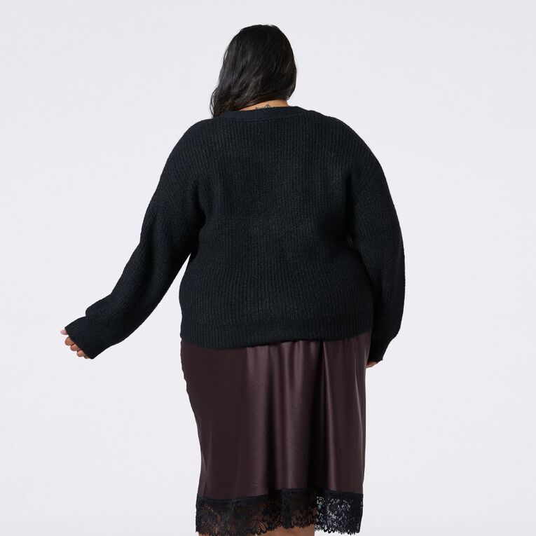 H&H Curve Women's Fluffy V Neck Cardi, Black, hi-res