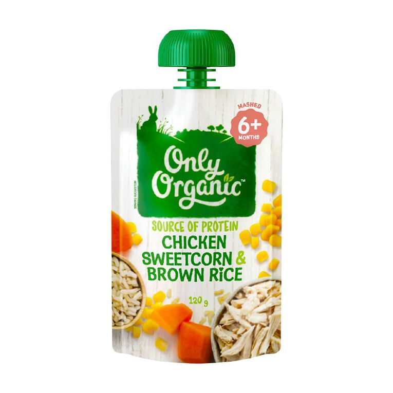 Only Organic Chicken Sweetcorn & Brown Rice 120g, , hi-res