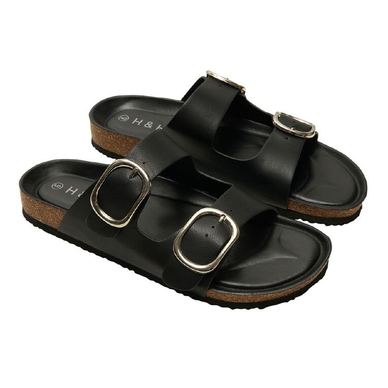 H&H Women's Ada Double Buckle Slides, Black, hi-res