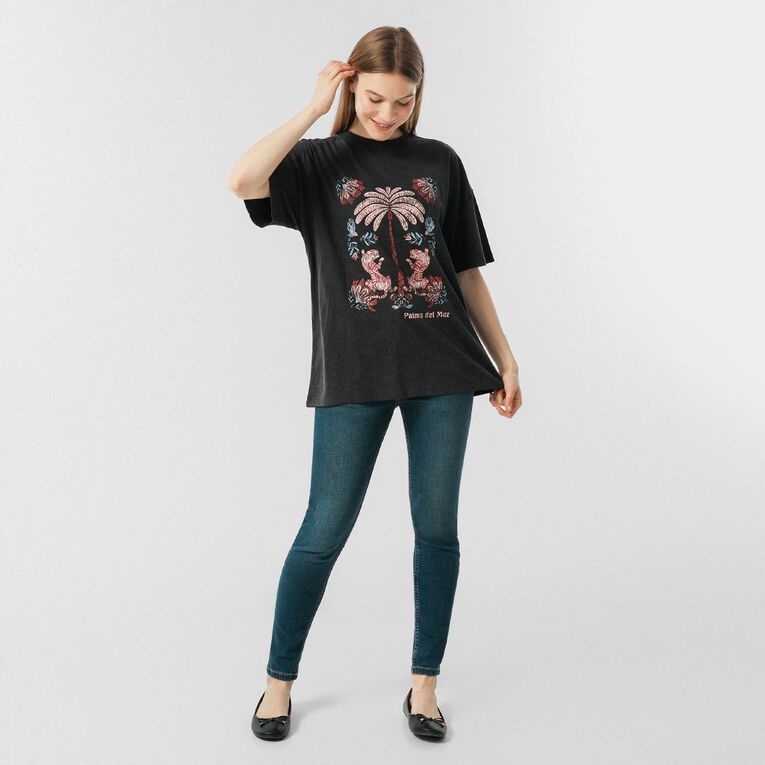 H&H Women's Short Sleeve Boyfriend Graphic Tee, Black, hi-res