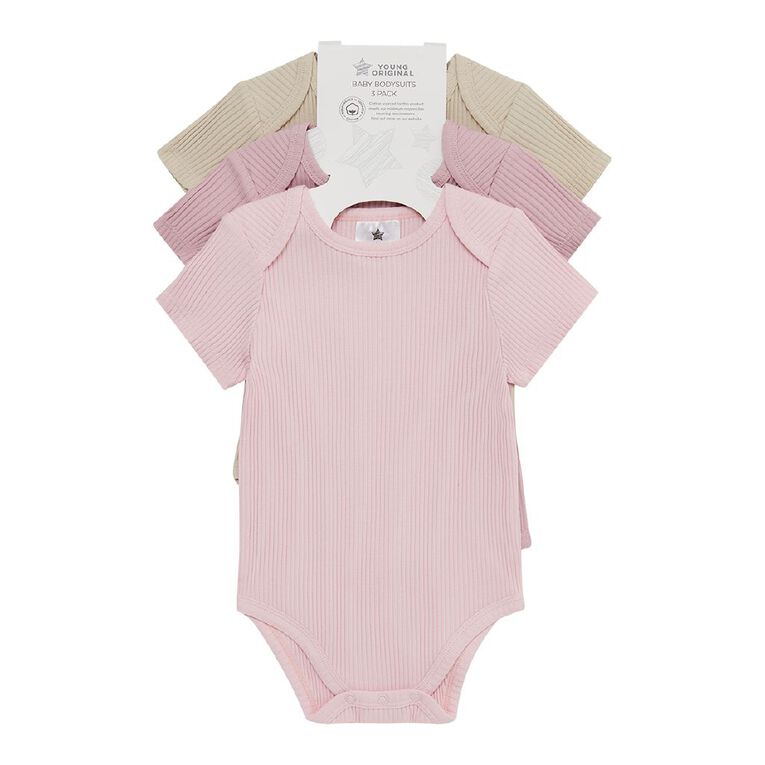 Young Original Babies' Short Sleeve Rib Bodysuit 3 Pack, Pink Light, hi-res