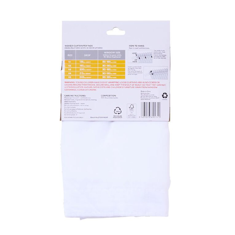 Living & Co Venus Sheer Voile White 90-180cm Wide/200cm Drop, White, hi-res