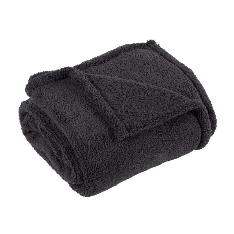 Living & Co Throw Sherpa Charcoal 127cm x 152cm, , hi-res