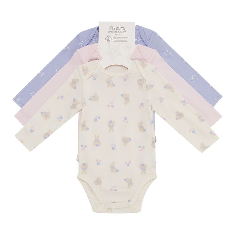 Young Original Babies' Long Sleeve Printed Bodysuit 3 Pack, Cream BUNNY, hi-res
