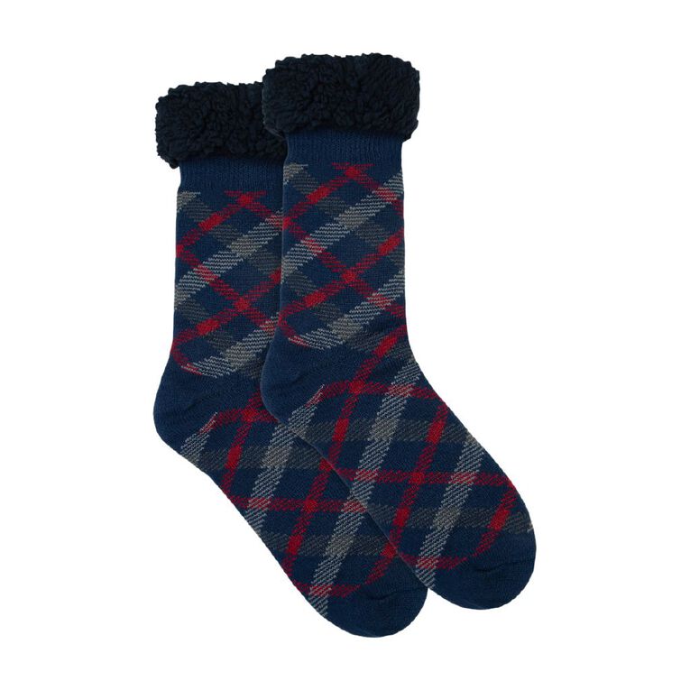 Underworks Men's Heat Bods Sherpa Crew Socks 1 Pack, Navy, hi-res