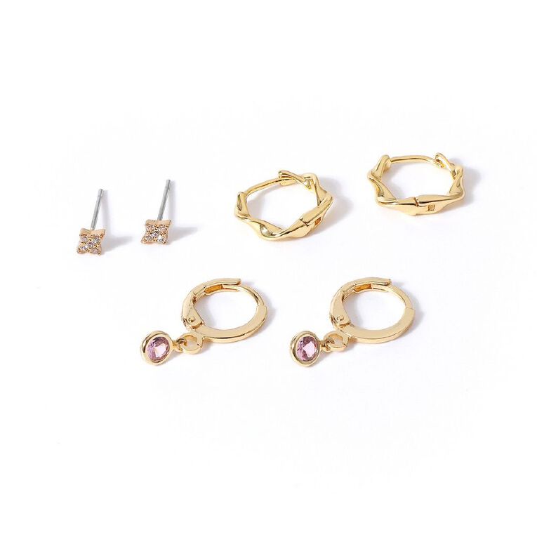 Gold Plated CZ Earrings 3 Pairs, , hi-res