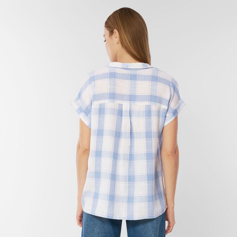 H&H Women's Short Roll Sleeve Linen Blend Blouse, Blue, hi-res
