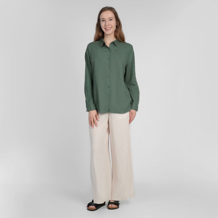 H&H Women's Long Sleeve Essential Linen Blend Shirt, Green Dark, hi-res