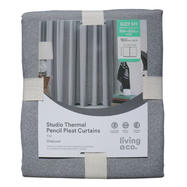 Living & Co Studio Curtains Charcoal 150-230cm Wide/160cm Drop, Charcoal, hi-res