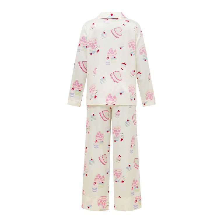 H&H Women's Satin Button Up Pyjama Set, White, hi-res