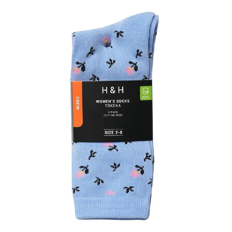 H&H Women's Crew Jaquard Socks 5 Pack, Blue, hi-res
