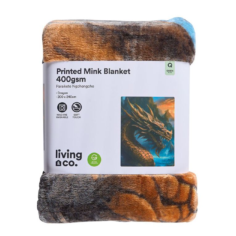 Living & Co 400gsm Mink Feel Blanket Dragon Multi-Coloured Queen, , hi-res