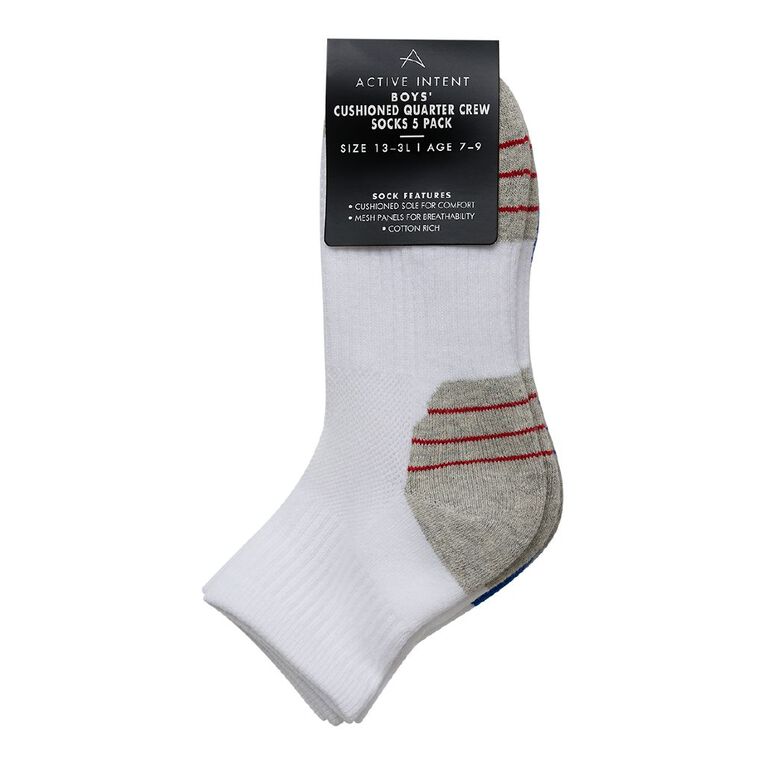 Active Intent Boys' Cushioned Quarter Crew Socks 5 Pack, White, hi-res