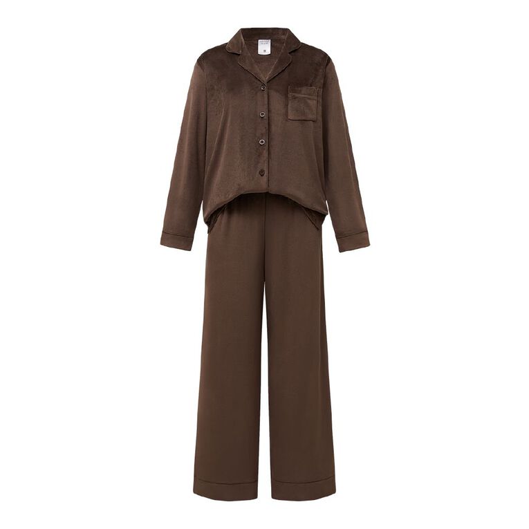 H&H Women's Mink Button Up Pyjama Set, Brown Dark, hi-res