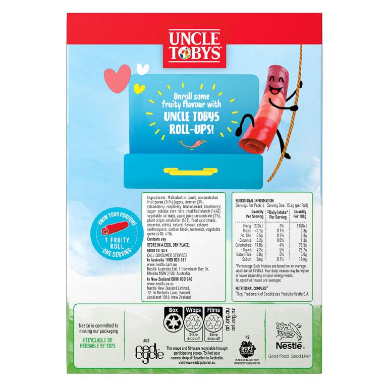 Uncle Tobys Roll Ups Rainbow Berry Berry 94g, , hi-res