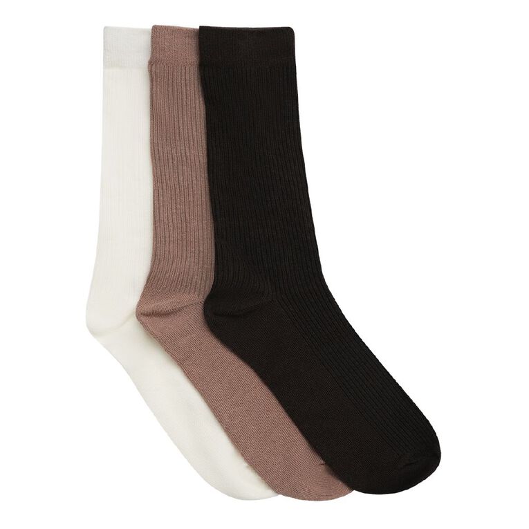H&H Mens' Ribbed Crew Socks 3 Pack, Natural, hi-res
