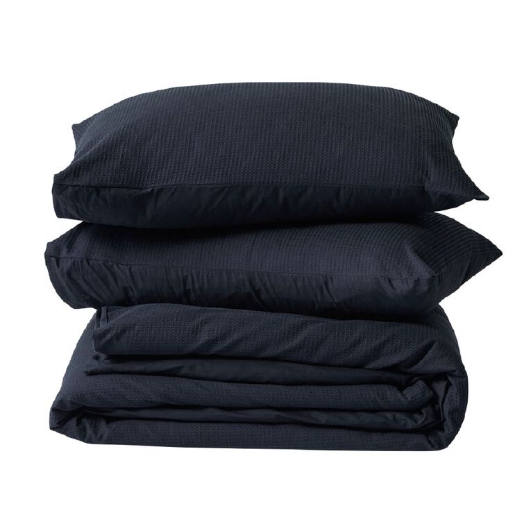 Living & Co Duvet Cover Set Luxury Waffle Black Super King, Black, hi-res