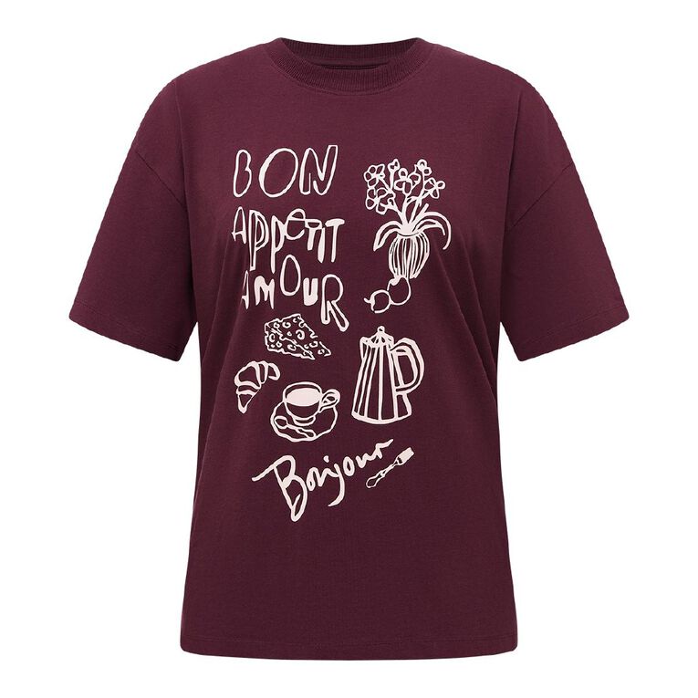 H&H Women's Short Sleeve Boyfriend Graphic Tee, White BONJOUR, hi-res