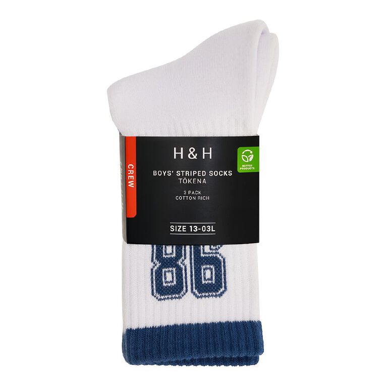 H&H Boys' Striped Crew Socks 3 Pack, Navy/White, hi-res