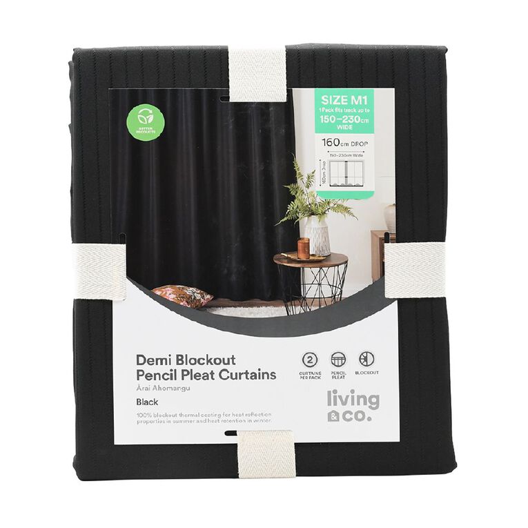 Living & Co Demi Blockout Curtain Black 150-230cm Wide/205cm Drop, Black, hi-res