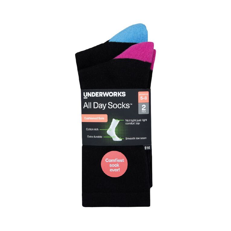 Underworks Women's All Day Cushion Crew Socks 2 Pack, Black, hi-res