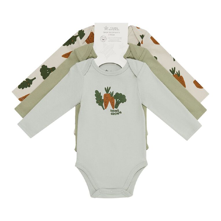 Young Original Babies' Long Sleeve Printed Bodysuit 3 Pack, Green Light, hi-res
