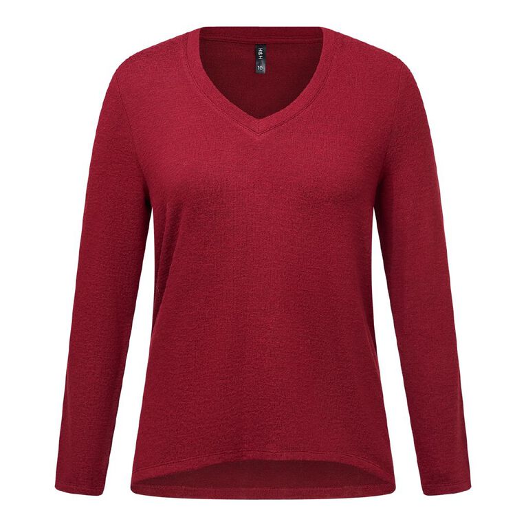 H&H Women's Long Sleeve Brushed V-Neck Swing Top, Red Dark, hi-res