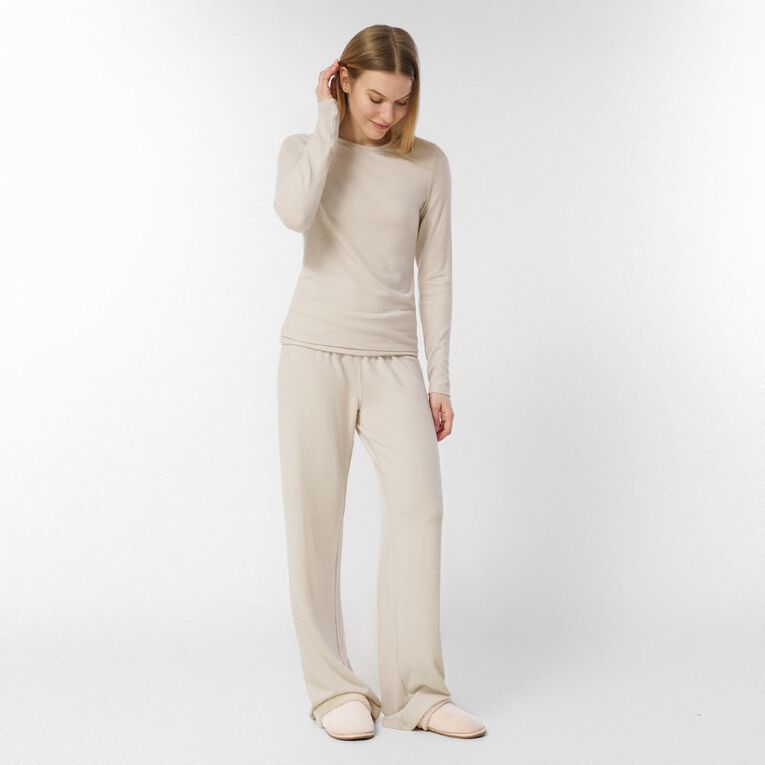 H&H Women's Brushed Knit Rib Fold Over Lounge Pants, Cream, hi-res