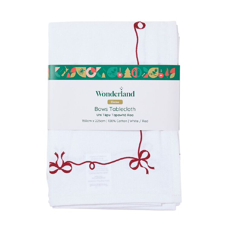 Wonderland Home Bows Tablecloth White/Red 150cm x 225cm, , hi-res