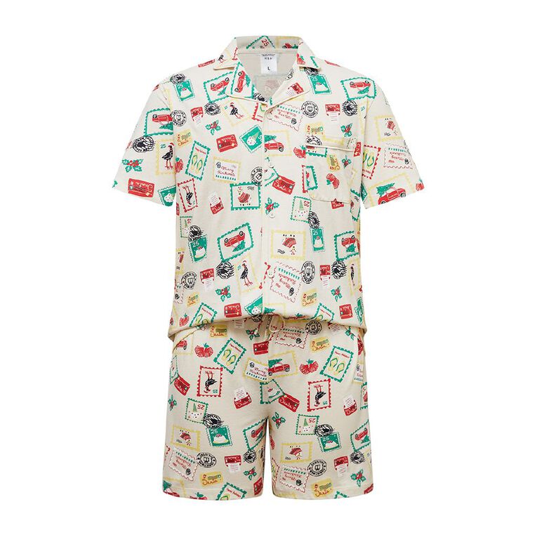 H&H Men's Christmas Button Up Pyjama Set, Cream, hi-res