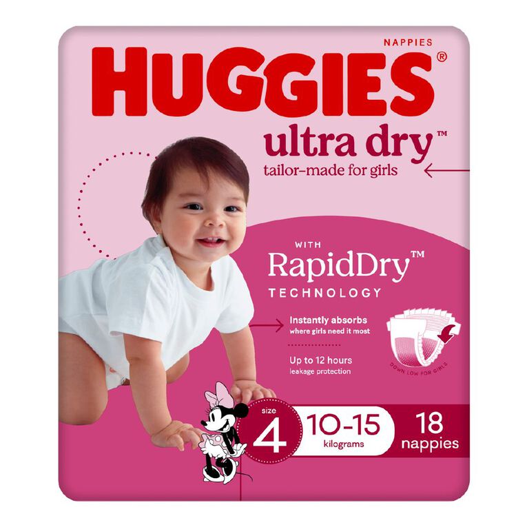 Huggies Girls' Convenience Nappy Toddler Size 4 10-15kg 18 Pack, , hi-res