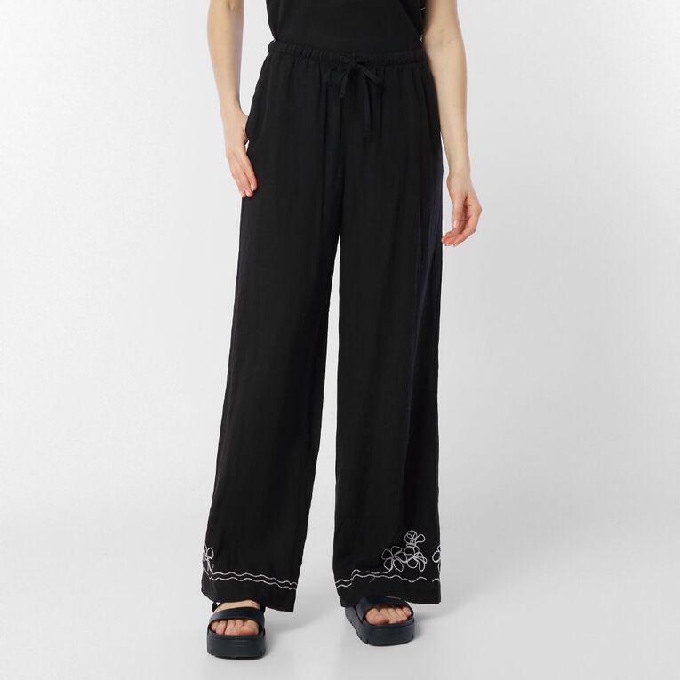 H&H Women's Wide Leg Linen Embroidery Pants, Black, hi-res