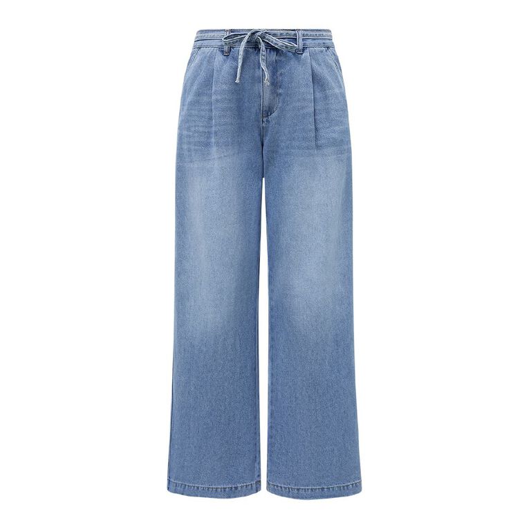 H&H Women's Belt Pleated Wide Leg Jean, Denim Mid, hi-res