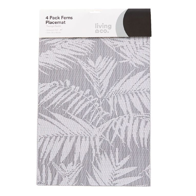 Living & Co Black Ferns PVC Placemat 30cm x 40cm Black/White 4 Pack, , hi-res