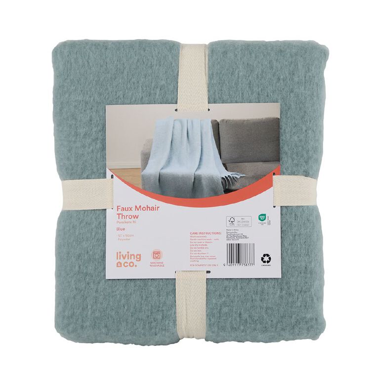 Living & Co Throw Faux Mohair Blue 127cm x 152cm, , hi-res