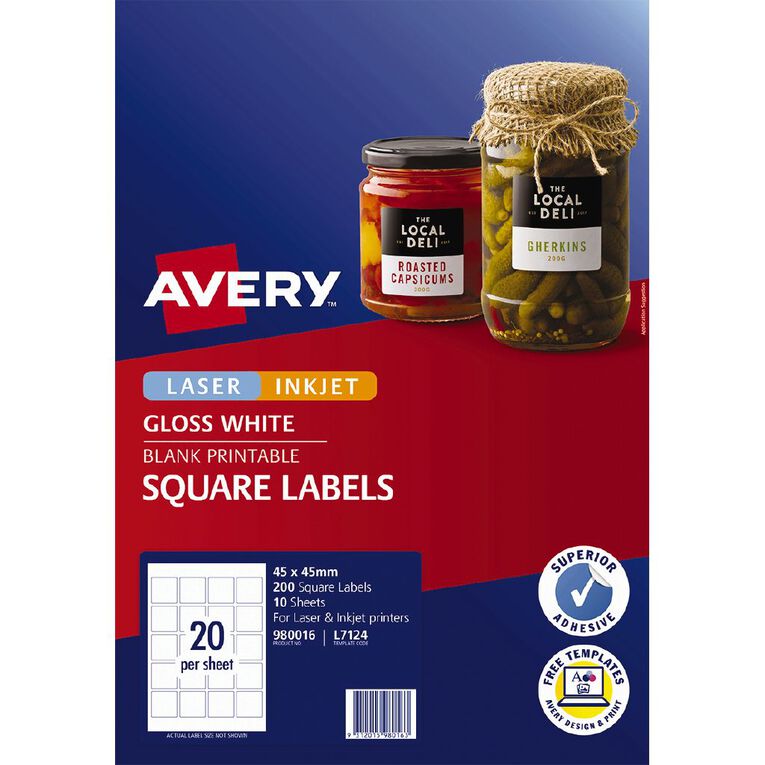 Avery Gloss Square Labels 200 Labels White 45mm x 45mm, , hi-res