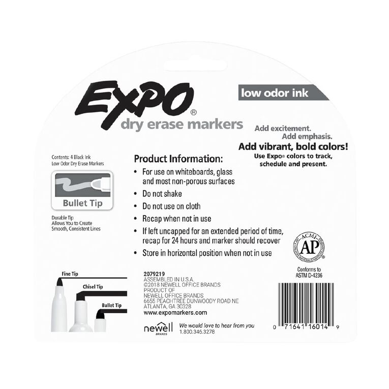 Expo Dry Erase Whiteboard Marker Bullet Tip 4 Pack Black, , hi-res