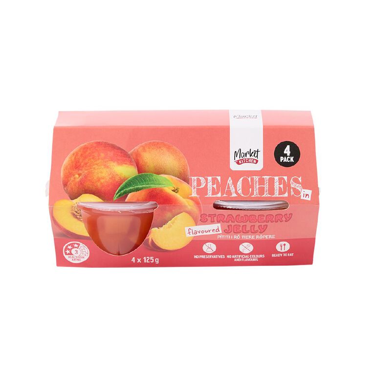 Market Kitchen Peaches in Strawberry Jelly Cup 125g 4 pack, , hi-res