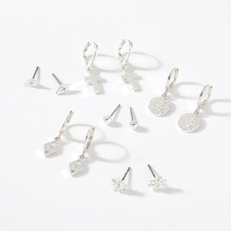 H&H Cross And Coin Endless Sleeper Silver Earrings 6 Pairs, , hi-res
